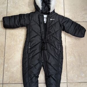 DKNY Black Puffer Snowsuit with Faux Fur Hood